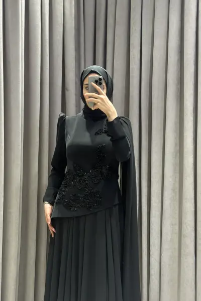 Alessa Siyah Pelerin Detaylı Tesettür Abiye | Meryem Tesettür