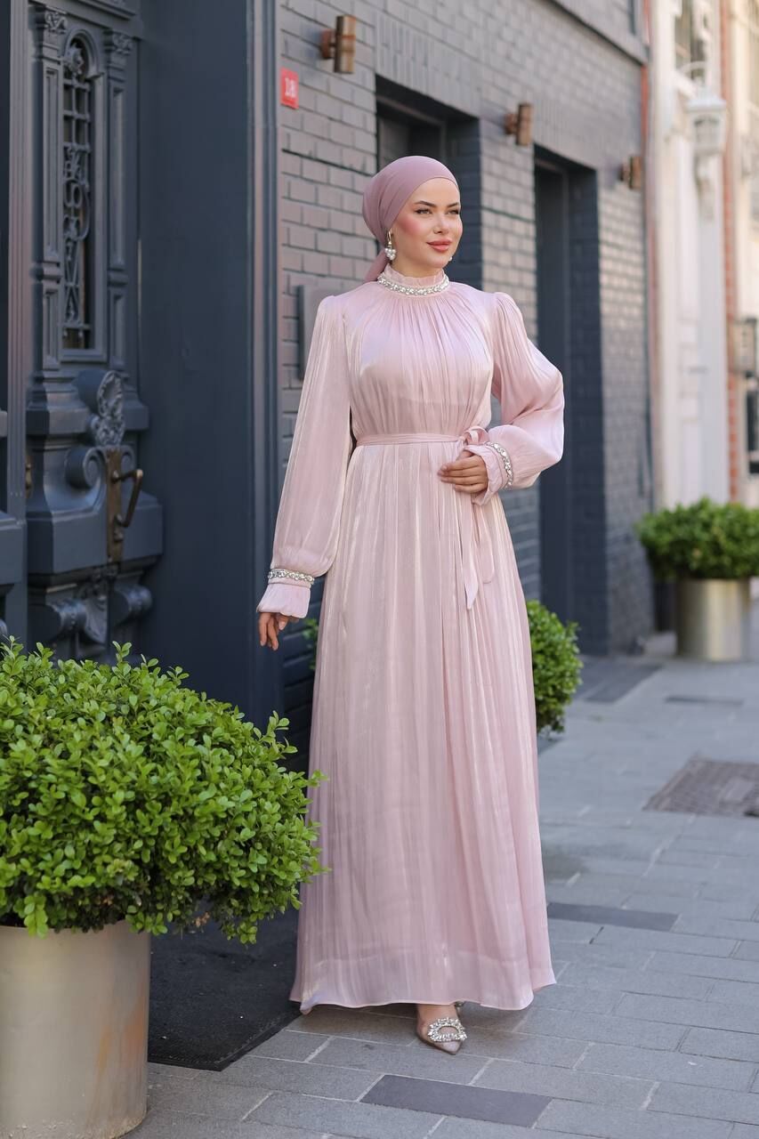 Pudra Pembe - İnci Detaylı Saten Abiye Elbise