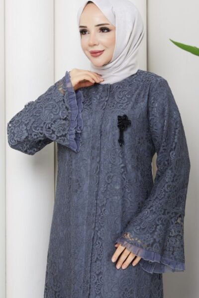 Lavin Gri Dantel Ferace - Kristal Broş Detaylı