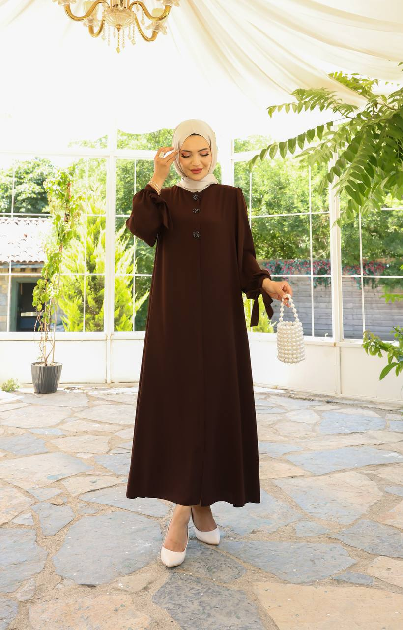 Yandan Bağlama Kollu Medine İpeği Tesettür Elbise - Kahve