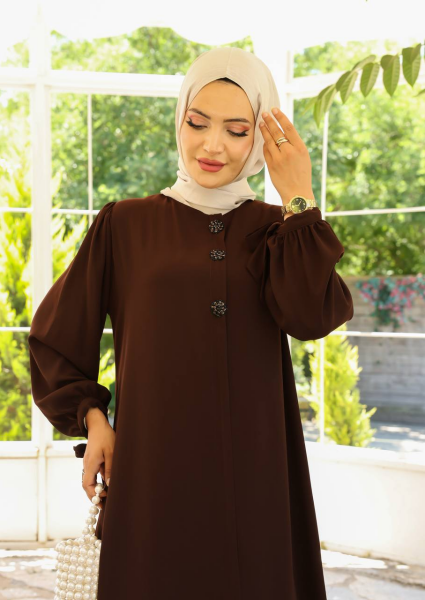 Yandan Bağlama Kollu Medine İpeği Tesettür Elbise - Kahve