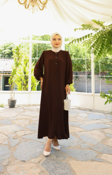 Yandan Bağlama Kollu Medine İpeği Tesettür Elbise - Kahve