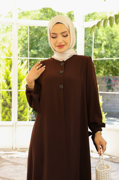 Yandan Bağlama Kollu Medine İpeği Tesettür Elbise - Kahve