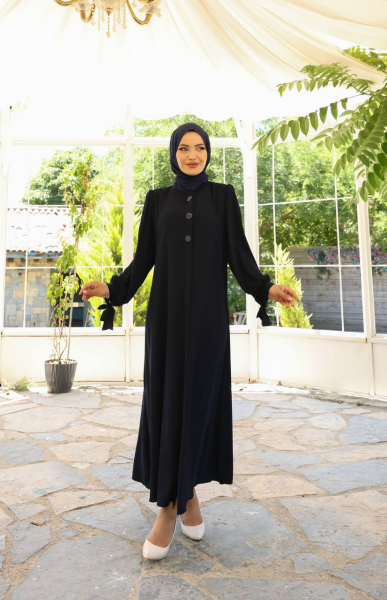 Yandan Bağlama Kollu Medine İpeği Ferace - Siyah