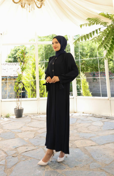 Yandan Bağlama Kollu Medine İpeği Ferace - Siyah