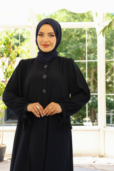 Yandan Bağlama Kollu Medine İpeği Ferace - Siyah