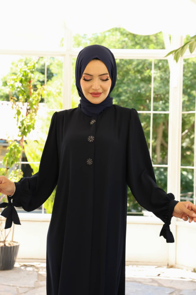 Yandan Bağlama Kollu Medine İpeği Ferace - Siyah