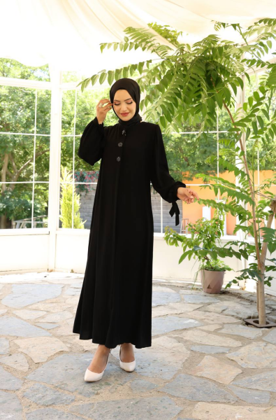 Yandan Bağlama Kollu Medine İpeği Ferace - Siyah