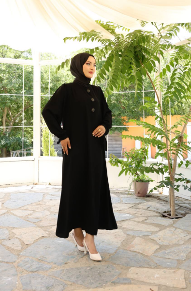 Yandan Bağlama Kollu Medine İpeği Ferace - Siyah