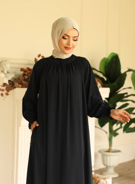 Robalı Medine İpeği Ferace - Siyah