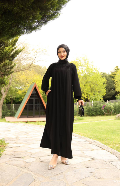 Robalı Medine İpeği Ferace - Siyah