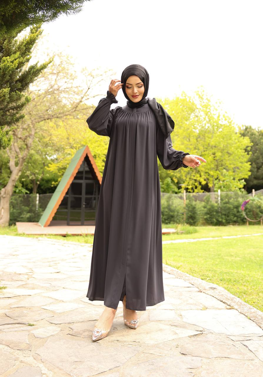 Robalı Medine İpeği Ferace - Gri