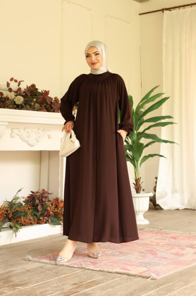 Robalı Medine İpeği Ferace - Kahverengi