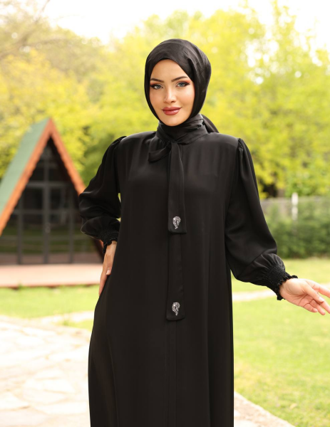 Apile Detaylı Dubai Kumaş Ferace - Siyah
