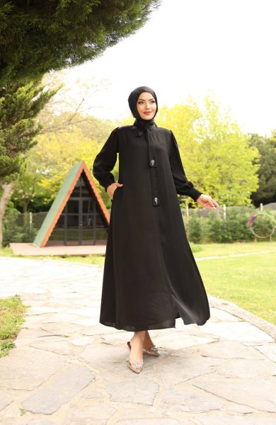 Apile Detaylı Dubai Kumaş Ferace - Siyah