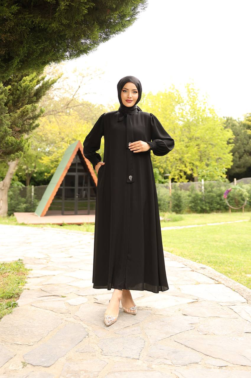 Apile Detaylı Dubai Kumaş Ferace - Siyah