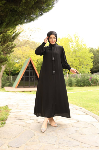 Apile Detaylı Dubai Kumaş Ferace - Siyah