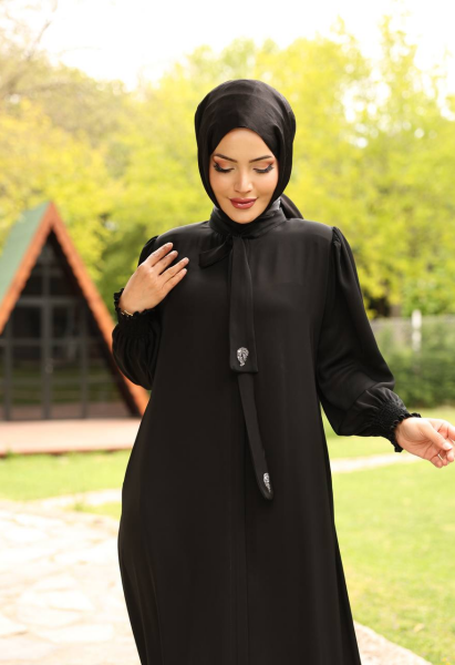 Apile Detaylı Dubai Kumaş Ferace - Siyah