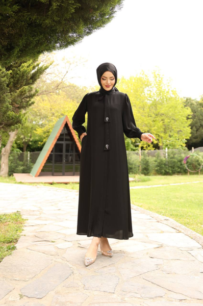 Apile Detaylı Dubai Kumaş Ferace - Siyah