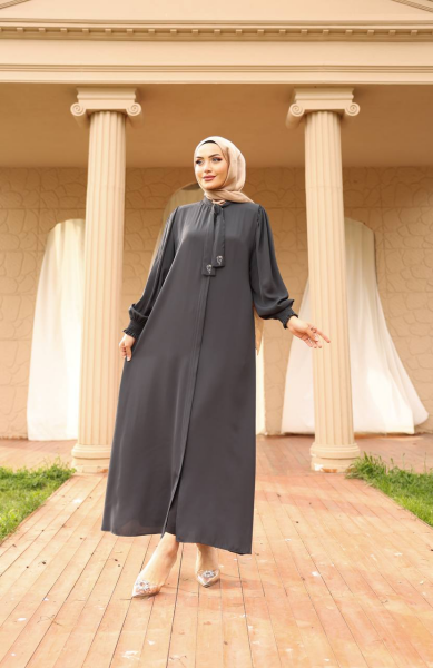 Apile Detaylı Dubai Kumaş Ferace - Gri