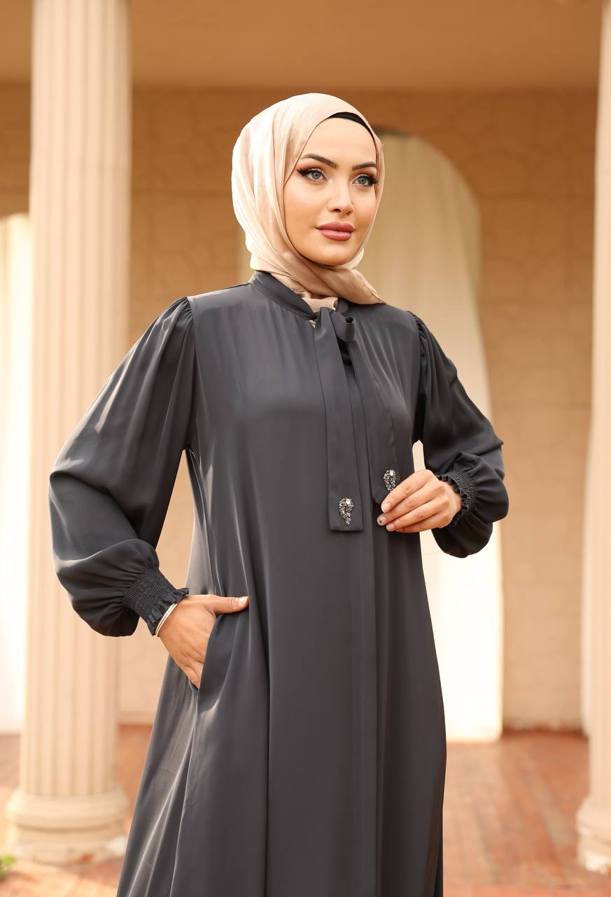 Apile Detaylı Dubai Kumaş Ferace - Gri