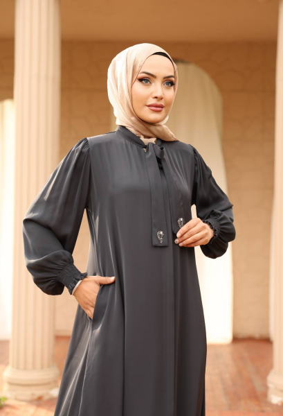 Apile Detaylı Dubai Kumaş Ferace - Gri