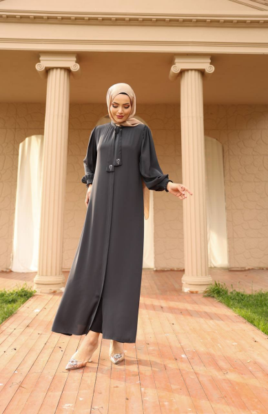 Apile Detaylı Dubai Kumaş Ferace - Gri