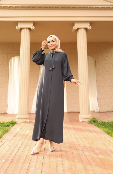 Apile Detaylı Dubai Kumaş Ferace - Gri