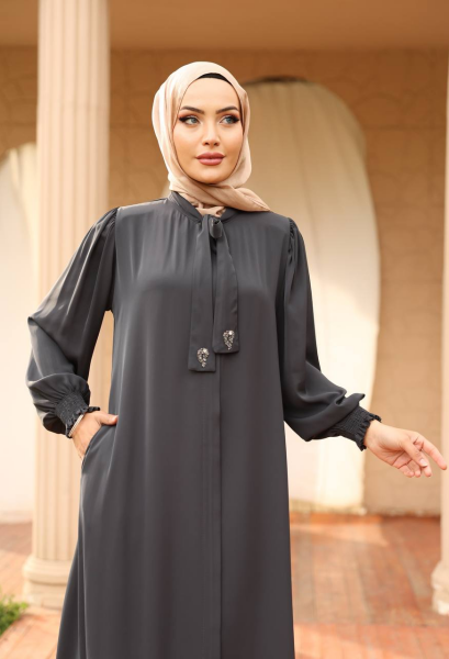 Apile Detaylı Dubai Kumaş Ferace - Gri