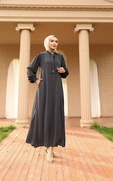 Apile Detaylı Dubai Kumaş Ferace - Gri