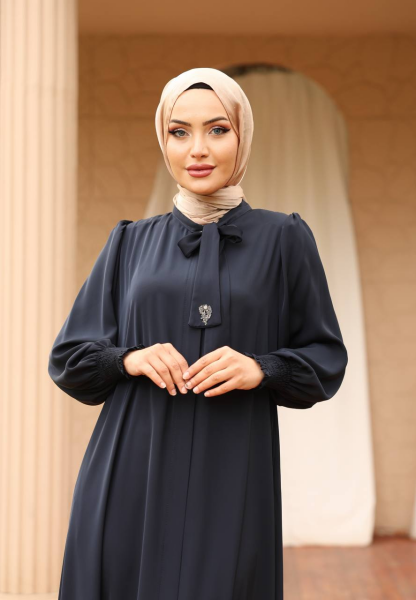 Apile Detaylı Dubai Kumaş Ferace - Lacivert