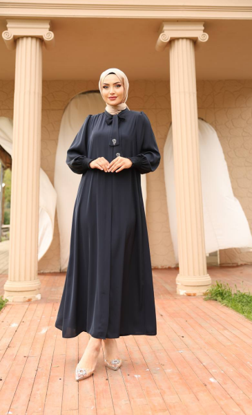 Apile Detaylı Dubai Kumaş Ferace - Lacivert