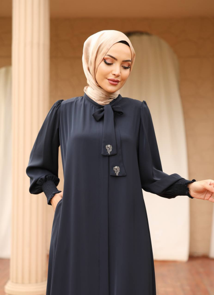 Apile Detaylı Dubai Kumaş Ferace - Lacivert