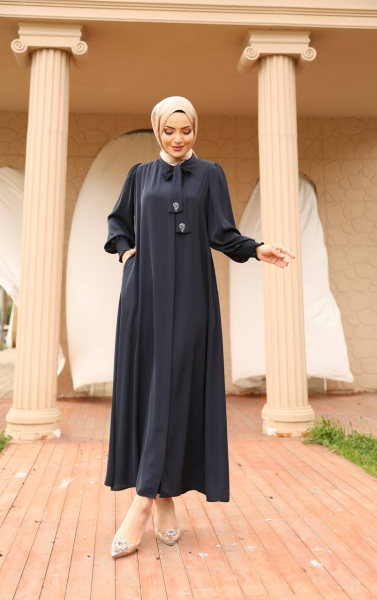 Apile Detaylı Dubai Kumaş Ferace - Lacivert