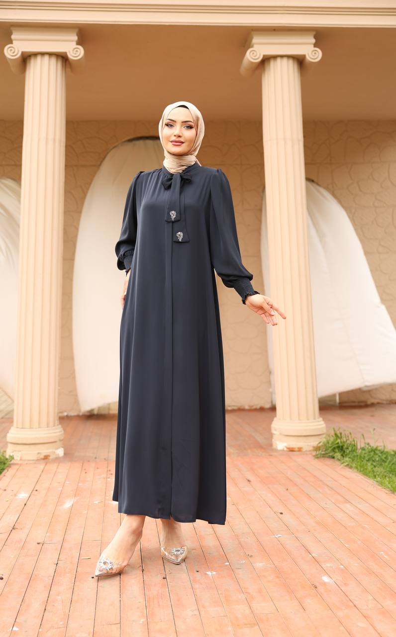Apile Detaylı Dubai Kumaş Ferace - Lacivert