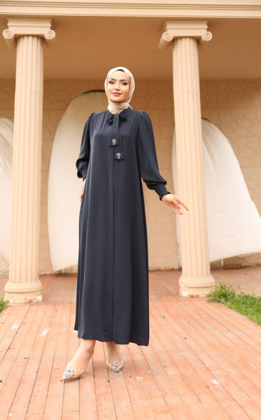 Apile Detaylı Dubai Kumaş Ferace - Lacivert
