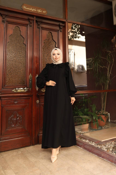 Omuz Fırfırlı Medine İpeği Ferace - Siyah