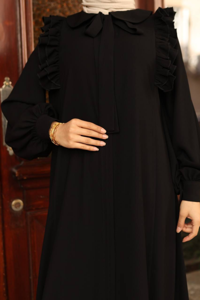 Omuz Fırfırlı Medine İpeği Ferace - Siyah