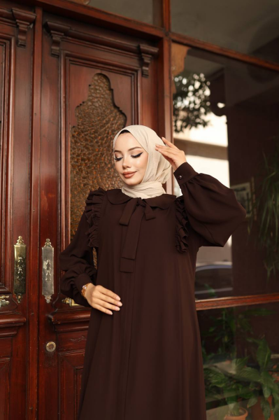 Omuz Fırfırlı Medine İpeği Ferace - Kahverengi