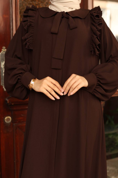 Omuz Fırfırlı Medine İpeği Ferace - Kahverengi