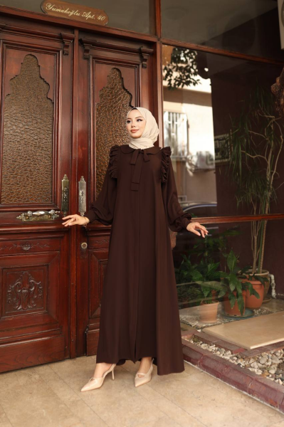 Omuz Fırfırlı Medine İpeği Ferace - Kahverengi