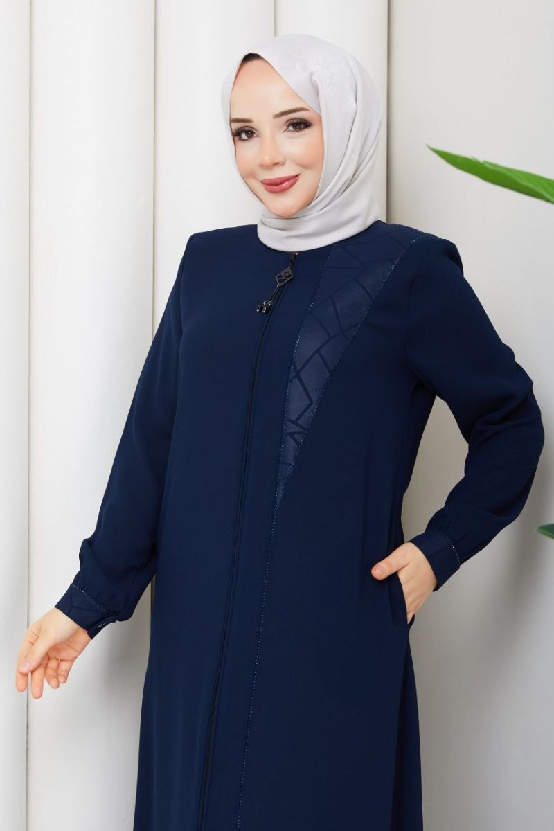 Vera Lacivert: Deri Detaylı ve Taş İşlemeli Tesettür Ferace - Görsel 3